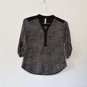 PERSEPTION PETITE Black & Tan Dotted Wrinkle-Free 3/4 Sleeve Blouse Top | Size S